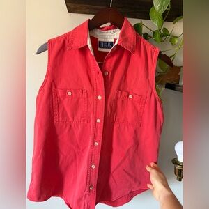 Red Sleeveless Button-Up Shirt